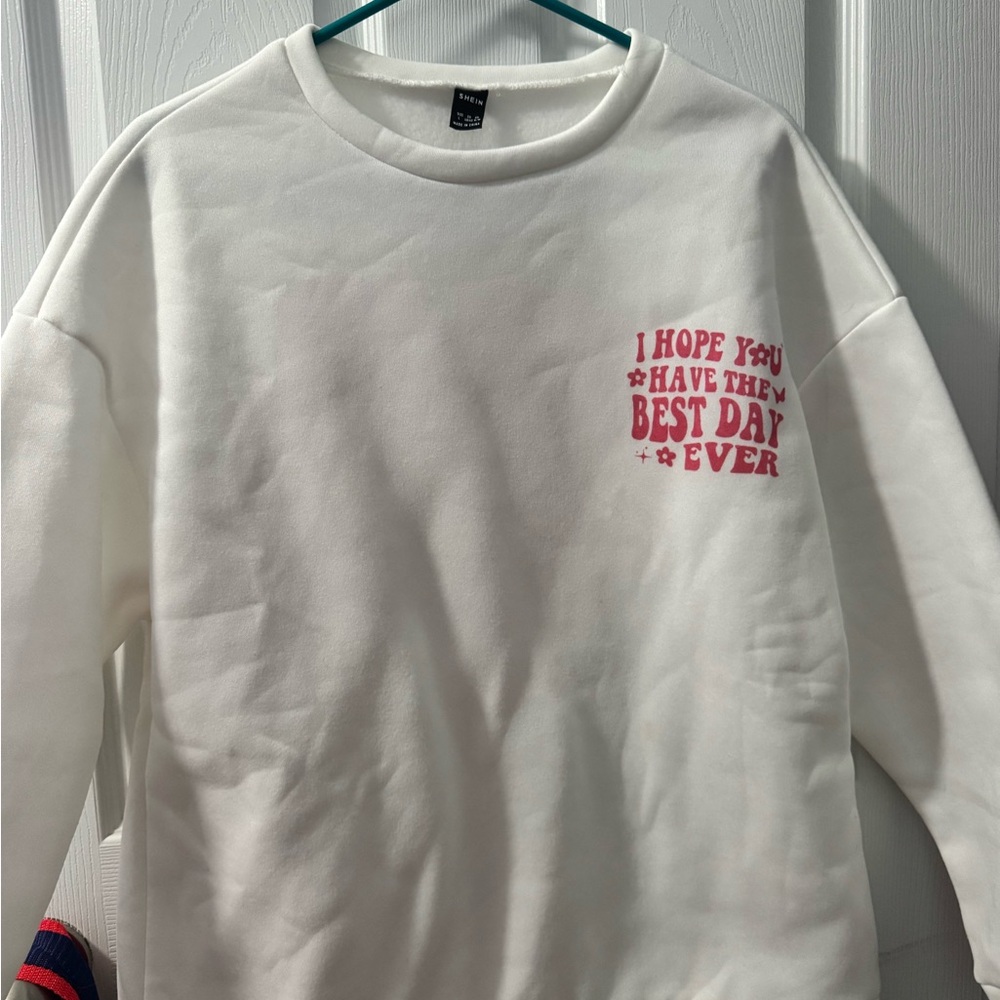 SHEIN White Crewneck Sweater with Pink Text